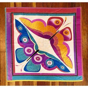 LAUREL BURCH SUMMER  BUTTERFLIES Silk SCARF 34" Sq Blue Purple Pink Yellow Vtg